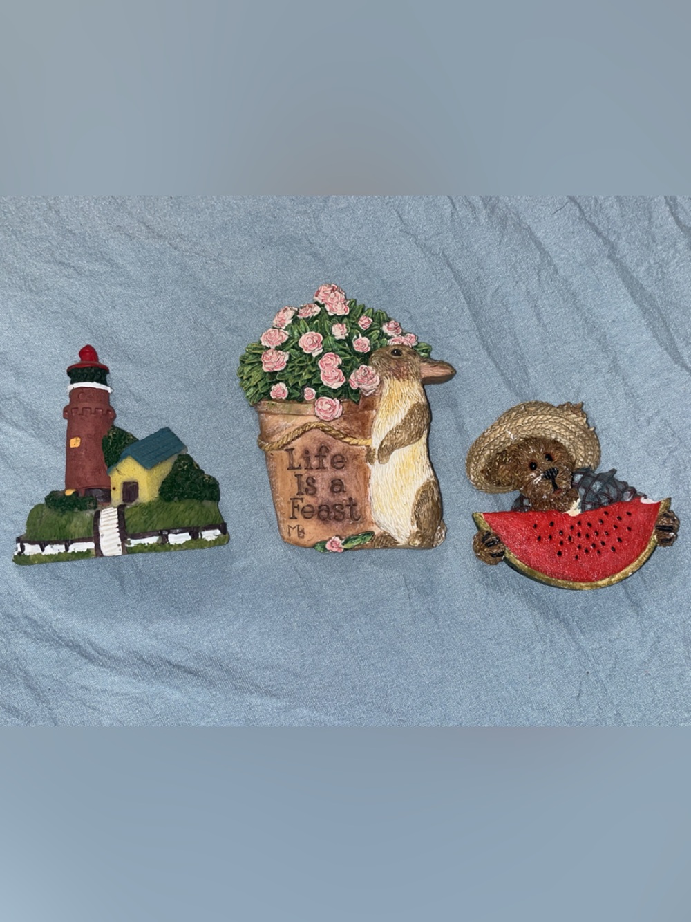Vintage Collectible Magnets - Lighthouse, Floral Bunny, Bear with Watermelon